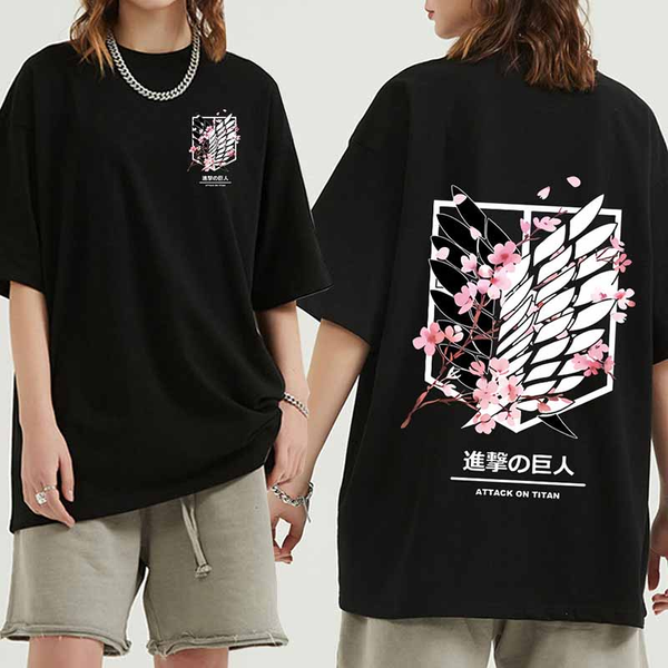 Oversized T-Shirt with Print Attack on Titan Black S