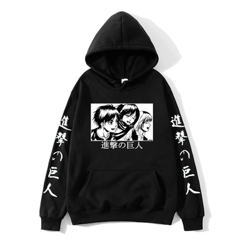 Oversized Hoodie with Anime Print Attack on Titan Black S