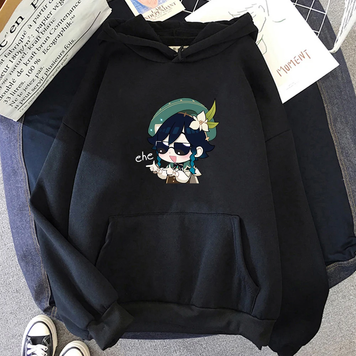 Oversized Hoodie with Genshin Impact Anime Print Black S