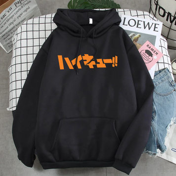 Oversized Hoodie with Haikyu! Anime Print Black S