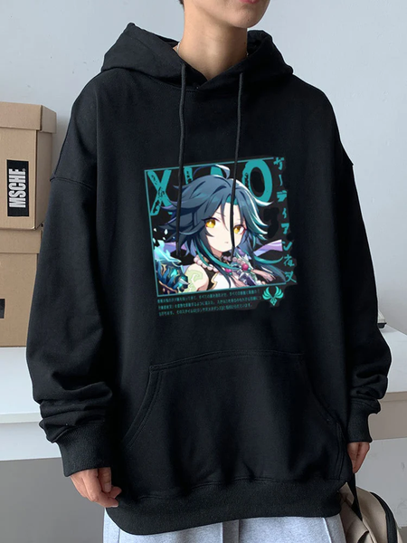 Oversized Hoodie with Genshin Impact Anime Print Black S