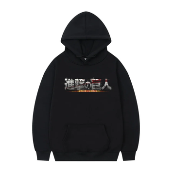 Oversized Hoodie with Anime Print Attack on Titan Black S