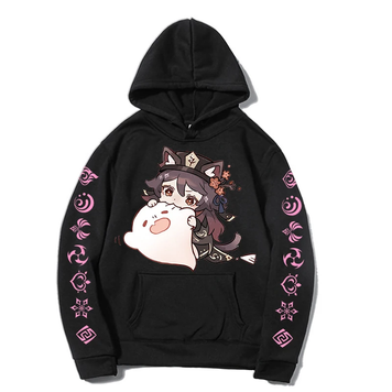 Oversized Hoodie with Genshin Impact Anime Print Black S