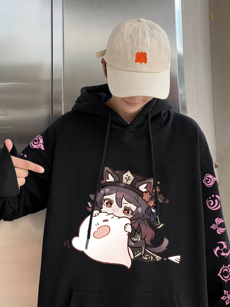 Oversized Hoodie with Genshin Impact Anime Print Black S