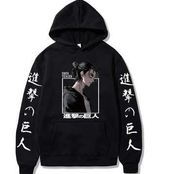 Oversized Hoodie with Anime Print Attack on Titan Black S