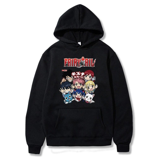 Oversized Hoodie with Fairy Tail Anime Print Black S