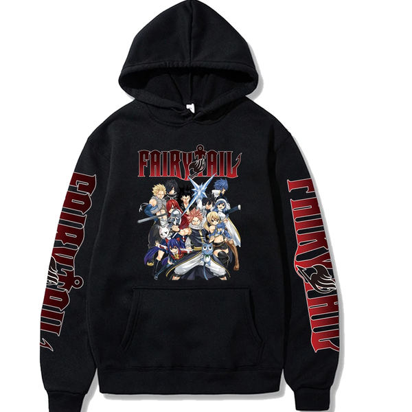 Oversized Hoodie with Fairy Tail Anime Print Black S