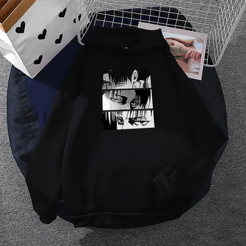 Oversized Hoodie with Anime Print Attack on Titan Black S