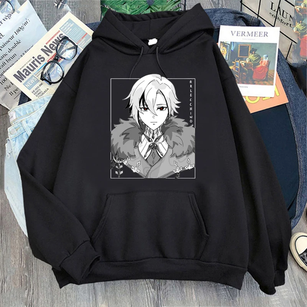 Oversized Hoodie with Genshin Impact Anime Print Black S