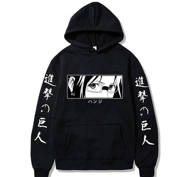 Oversized Hoodie with Anime Print Attack on Titan Black S