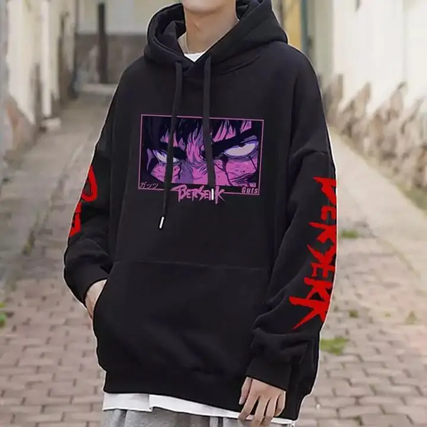 Oversized hoodie with Berserk anime print, black, size S