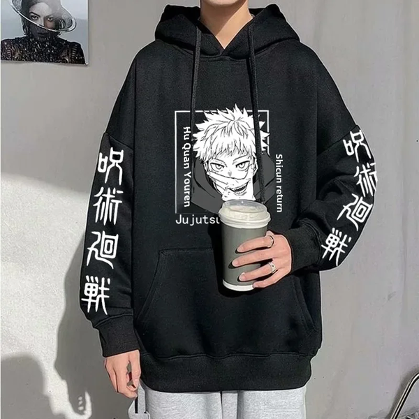 Oversized Hoodie with Jujutsu Kaisen anime print Black S