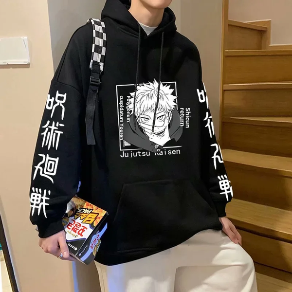 Oversized Hoodie with Jujutsu Kaisen anime print Black S