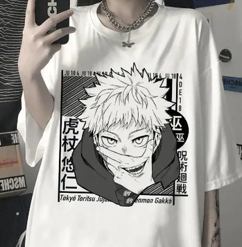 Oversize T-Shirt mit Print jujutsu kaisen Weiß S T0187 фото