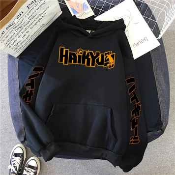 Oversized Hoodie with Haikyu! Anime Print Black S