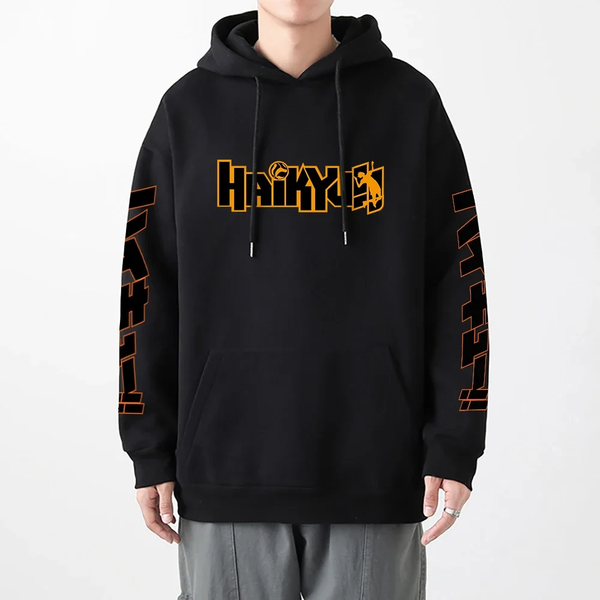 Oversized Hoodie with Haikyu! Anime Print Black S