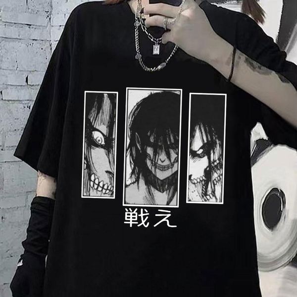 Oversized T-Shirt with Print Attack on Titan Black S