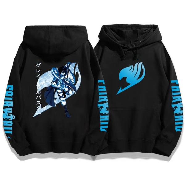 Oversized Hoodie with Fairy Tail Anime Print Black S